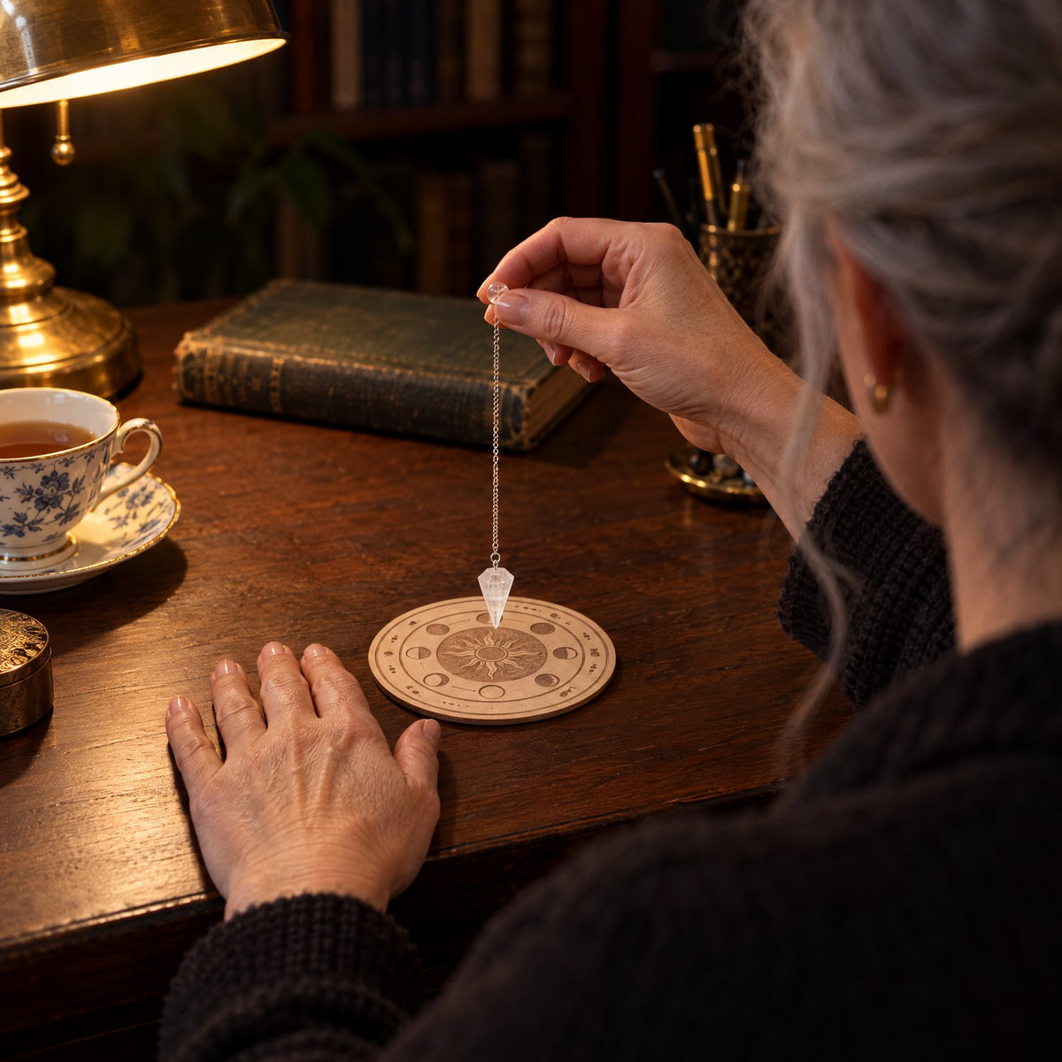 A woman at a lamp-lit desk holds a quartz pendulum still above the wooden answer board.