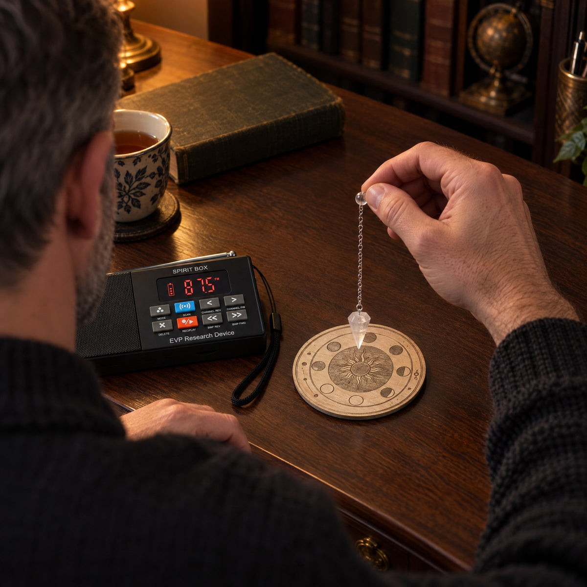 A man at a lamp-lit desk holds a quartz pendulum over the small wooden answer board, with the Paranormic Spirit Box beside him.