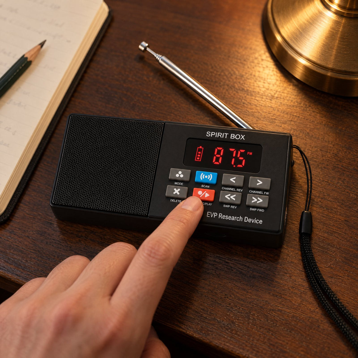 A finger presses the red REC/PLAY button on the Spirit Box, which lies on a wooden desk beside a notebook.